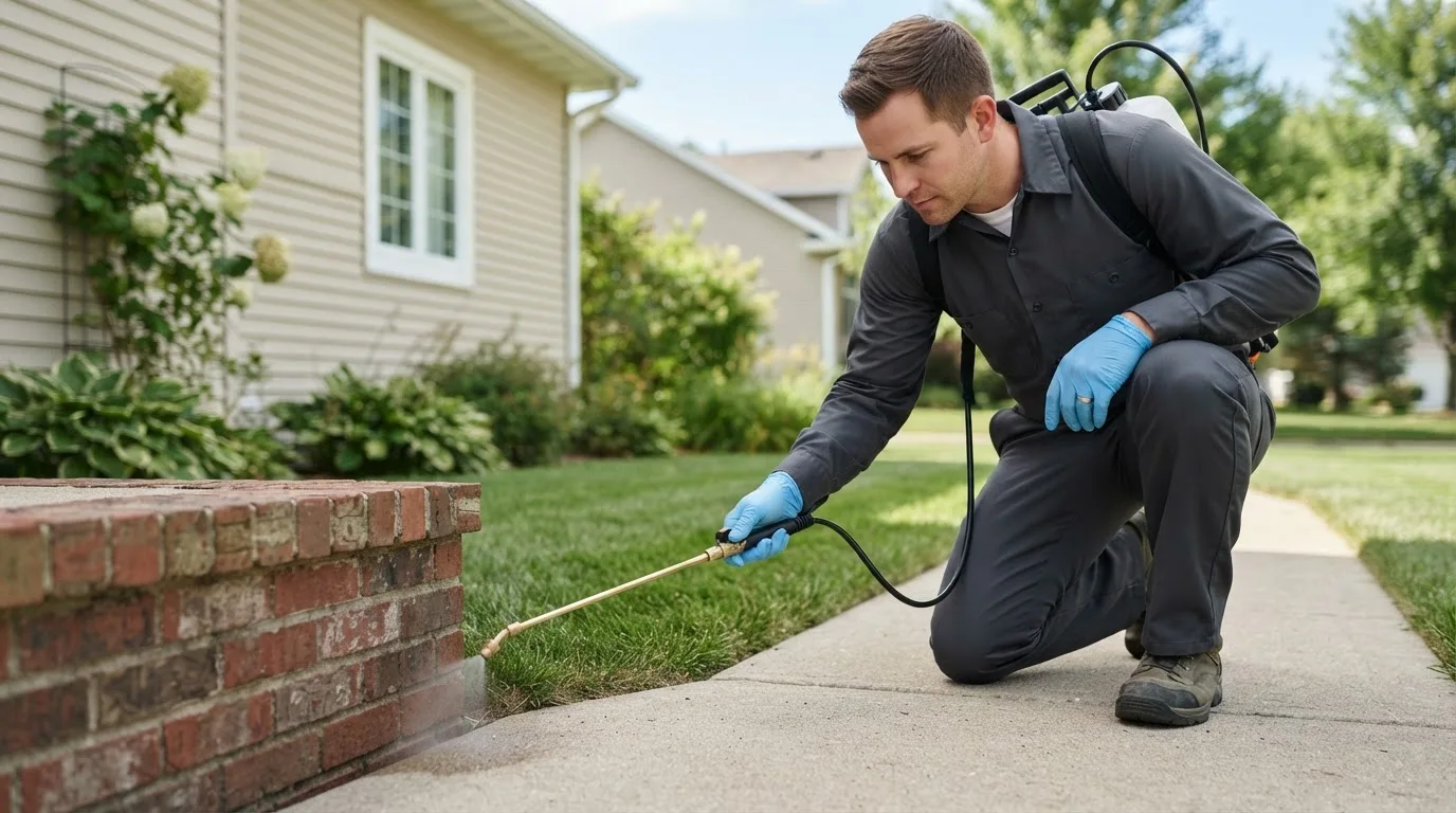 Pest control technician treating a home near Sainte Genevieve, MO